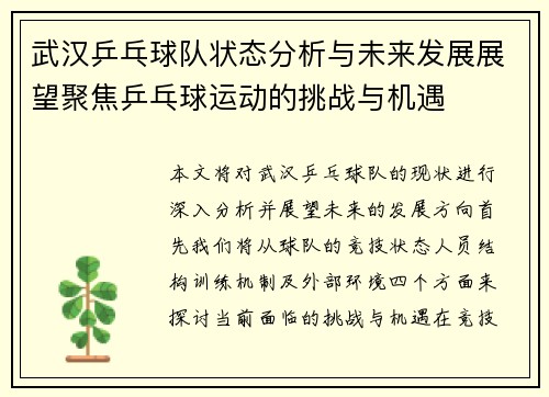 武汉乒乓球队状态分析与未来发展展望聚焦乒乓球运动的挑战与机遇